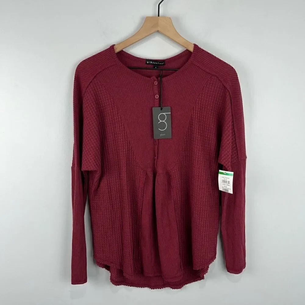 Gibsonlook Maroon Burgundy Waffle Knit Henley L/S Shirt S NWT